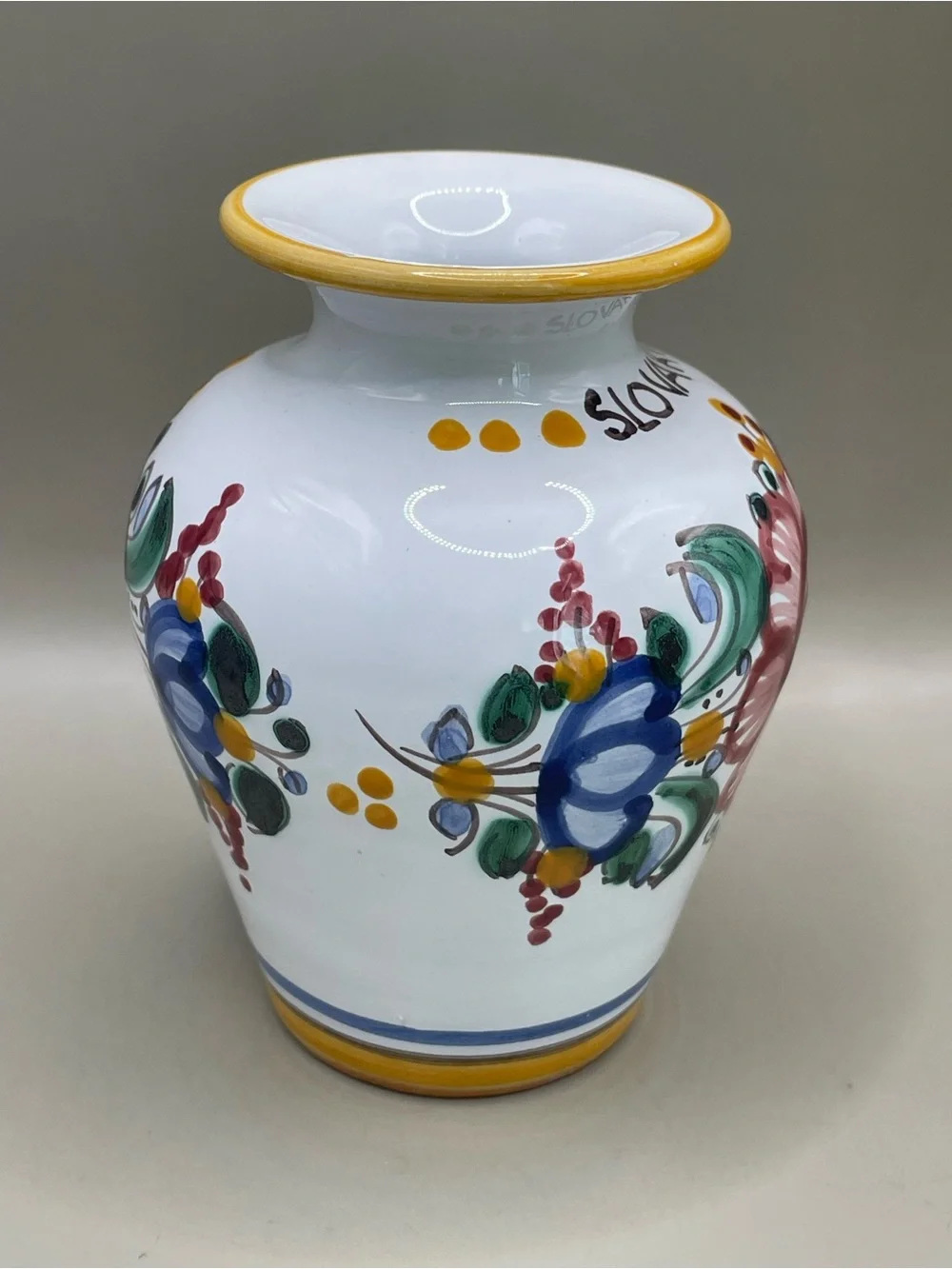 VTG Slovakia Ludova Majolika 4” Vase Jar Hand Painted Pottery Signed Floral
